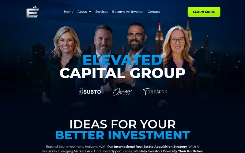 Elevated Capital Group homepage with team photo and navigation